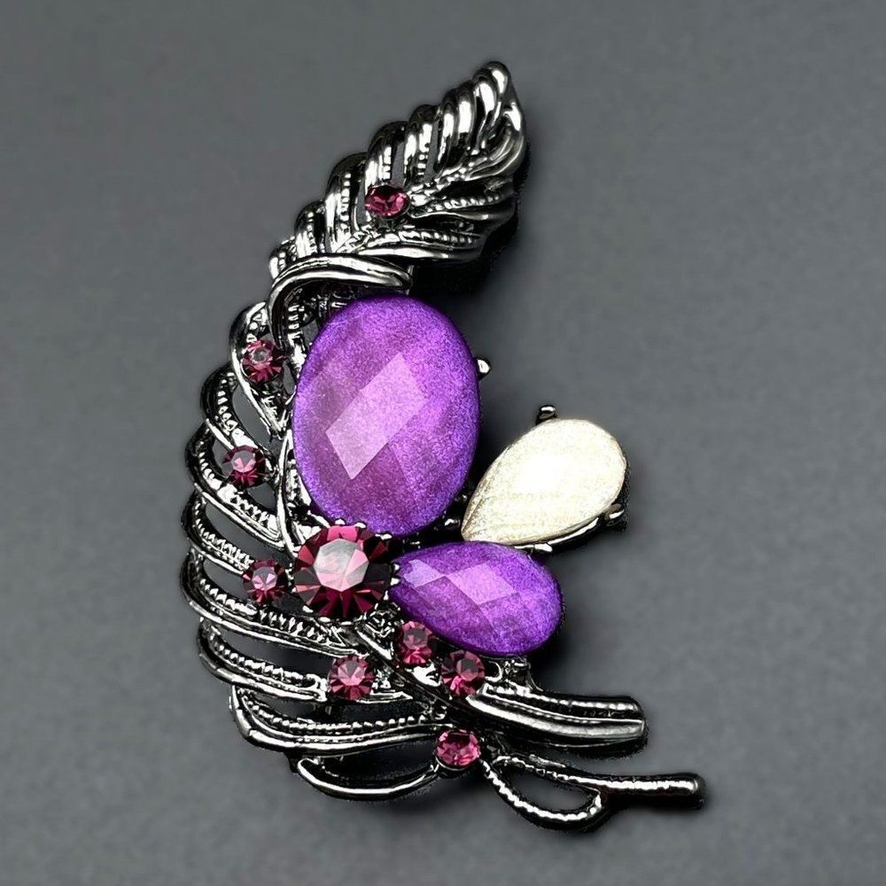 Gunmetal Gray with Purple Amethsyt Crystal Feather Pin Back Brooch